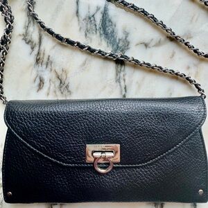 Salvatore Ferragamo Black Leather wallet, silver hardware, Chain, insert & COA